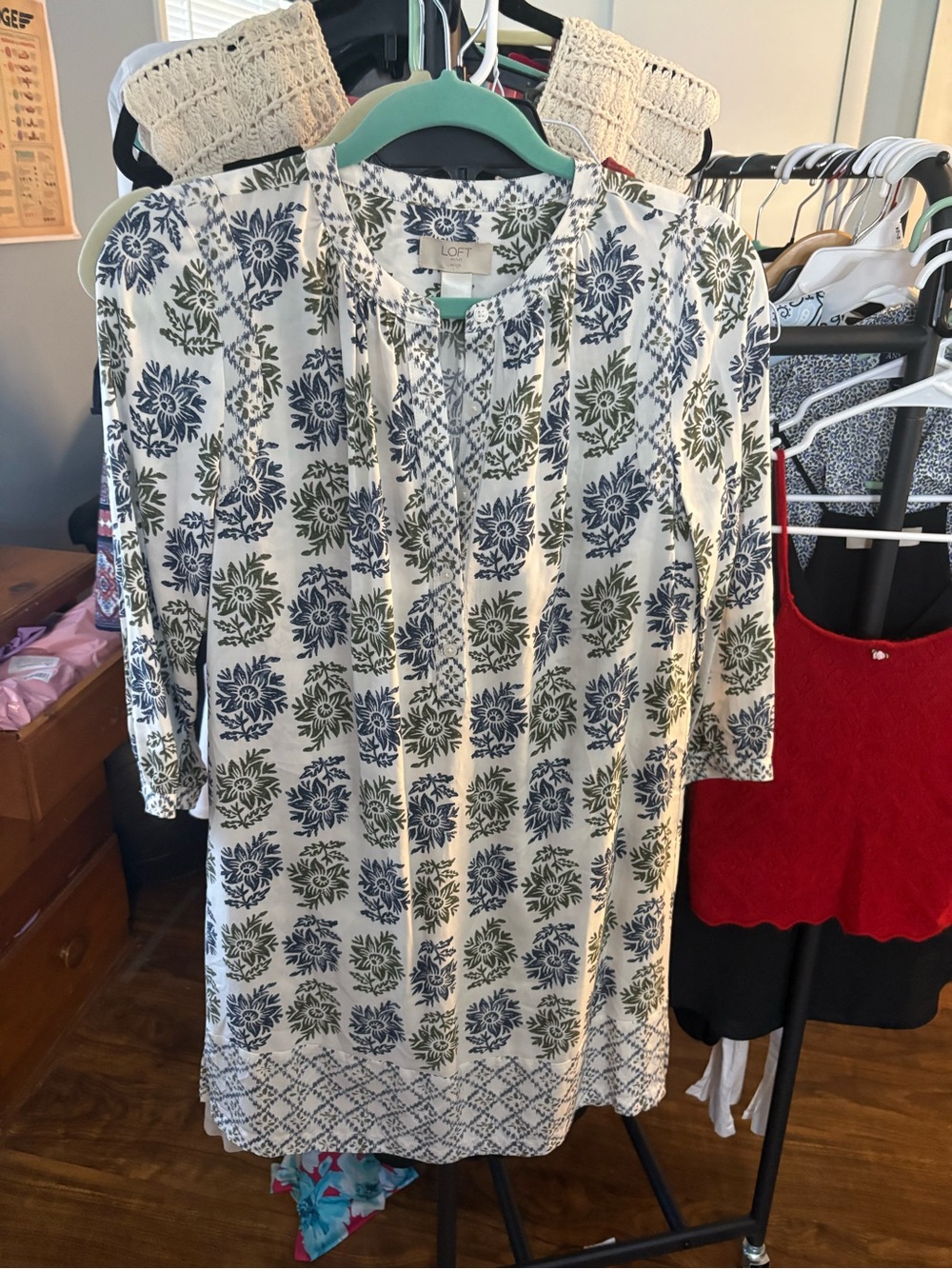 LOFT Cream Tunic with Blue & Green Floral Print